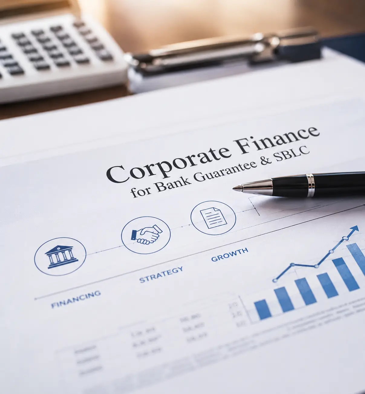 Bear Capital Ventures Limited corporate finance document illustrating bank guarantees and SBLC financing, with a pen, financial icons, and a growth chart.