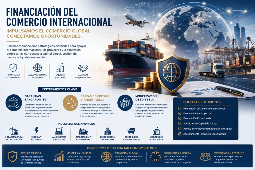 Infografía sobre financiación del comercio internacional con Garantías Bancarias (BG), SBLC, monetización y acceso al capital global