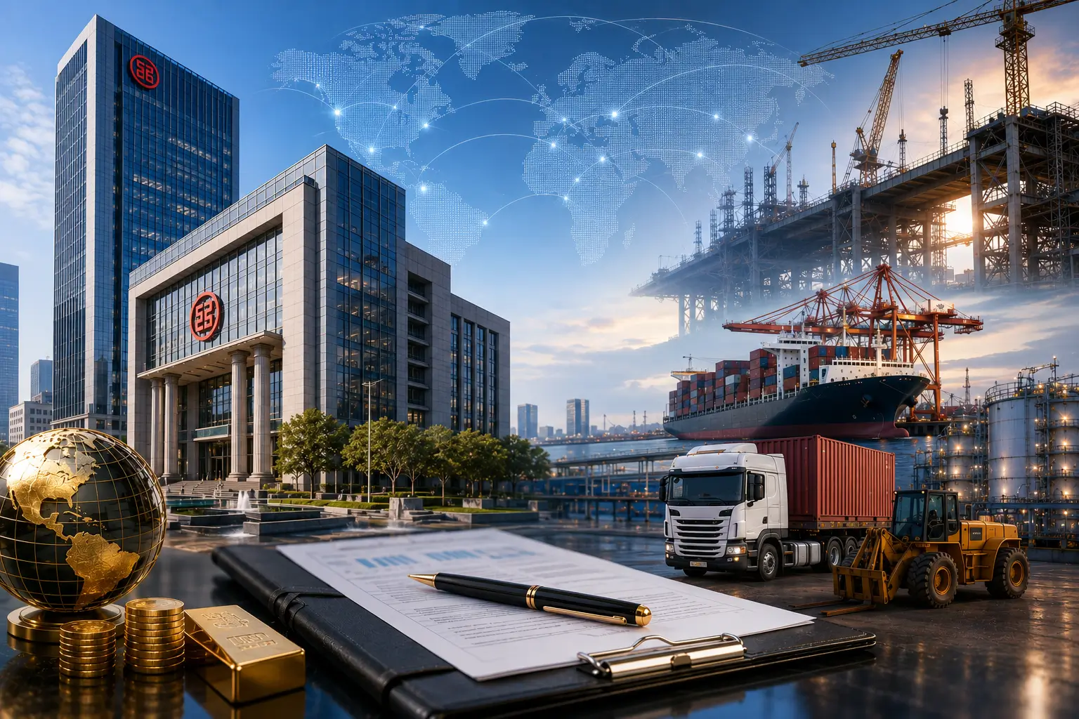 Global trade finance illustration with cargo ship, airplane, truck, train, globe, and financial documents representing secure international trade and financing.