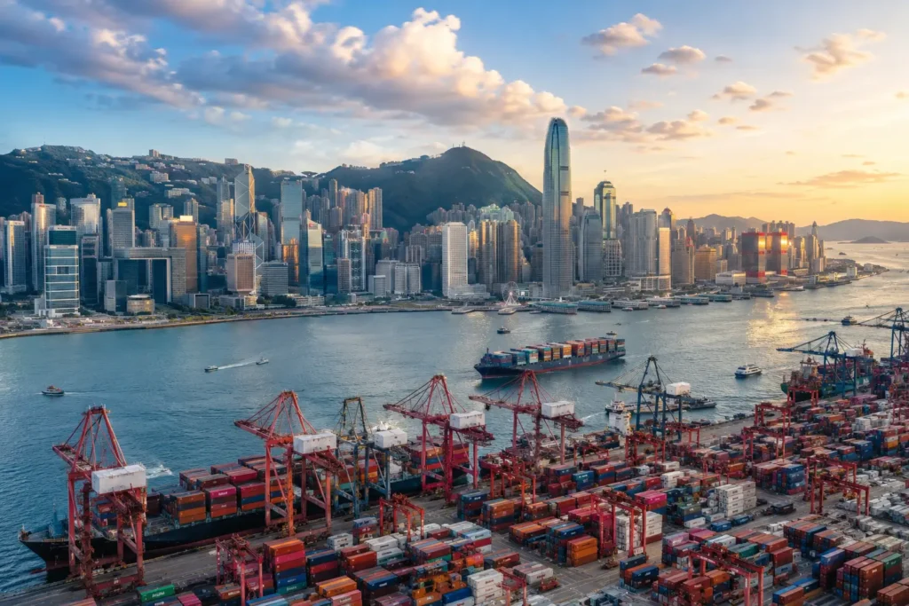 Aerial view of Hong Kong’s container port, cargo ships and cranes with the Central financial district skyline across Victoria Harbour at sunset.