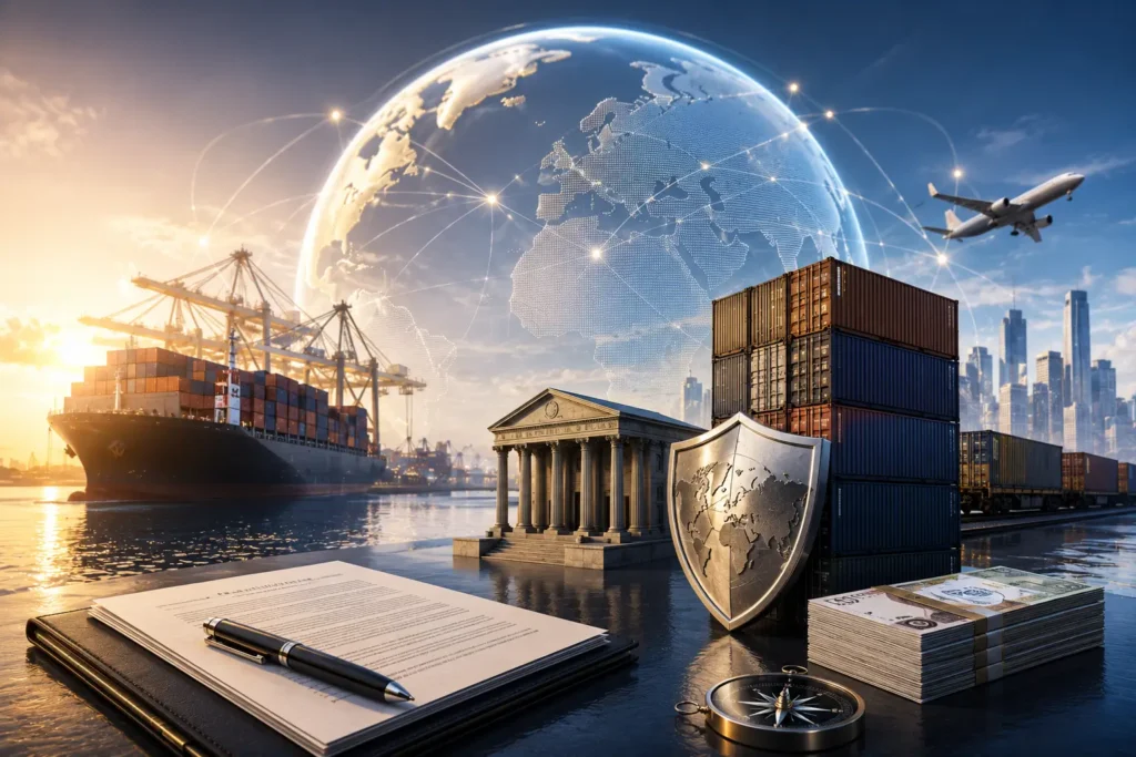 Visual sobre comercio internacional, financiación empresarial y soluciones de capital global.