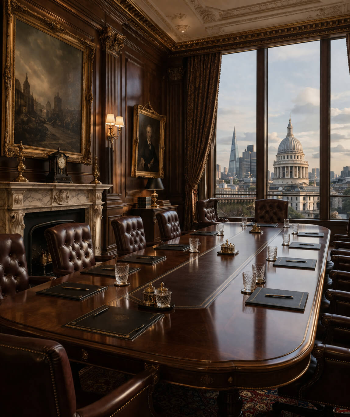 Elegant heritage boardroom at Bear Capital Ventures Limited's UK headquarters overlooking the City of London, representing trust, corporate finance and long-term financial stewardship