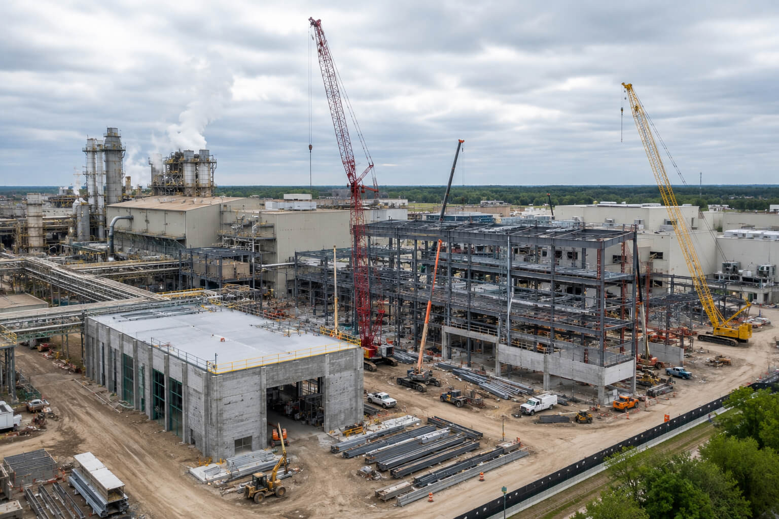 : Industrial facility expansion with construction equipment and structural stee