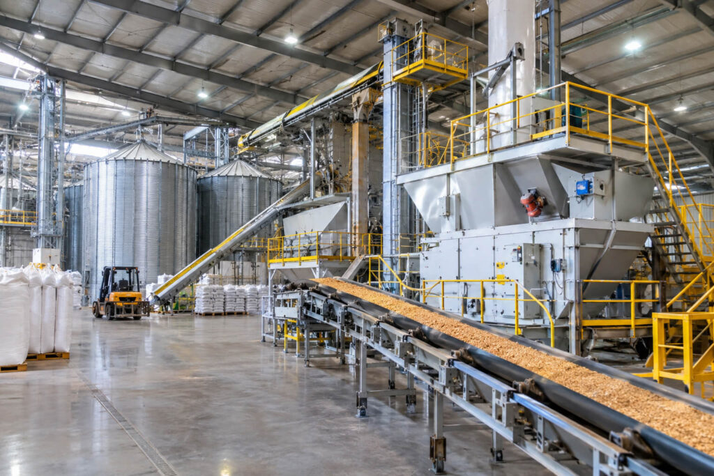 Agricultural processing machinery inside a facility