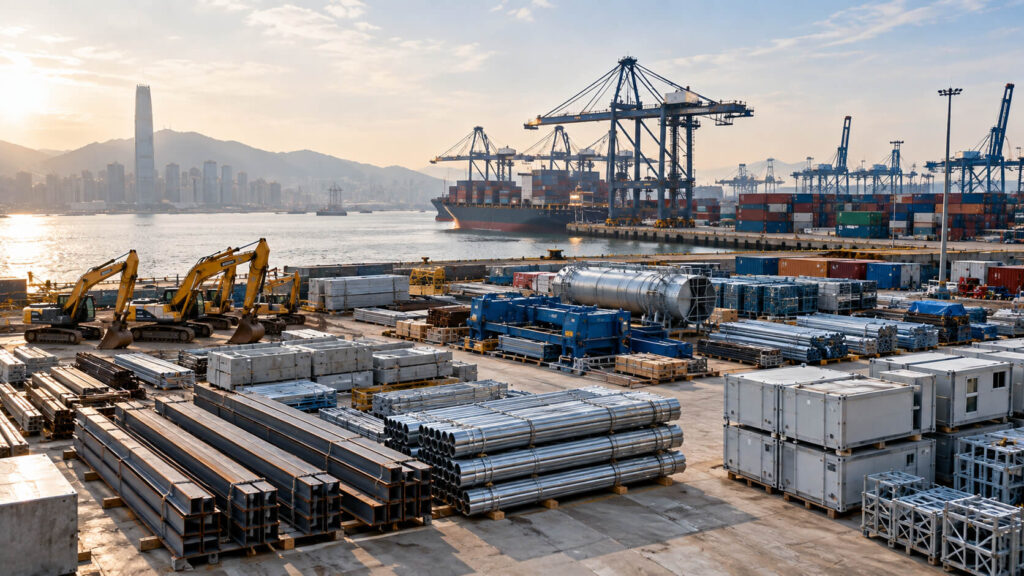 Construction equipment and materials prepared for project shipment