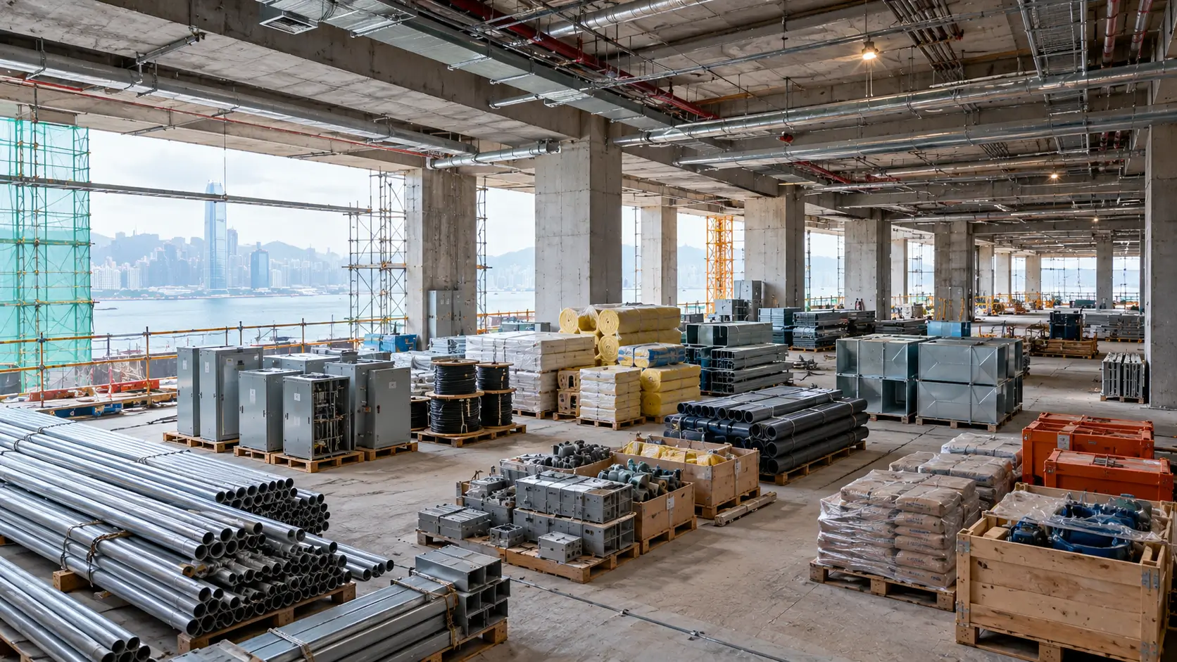 Construction supplies stored inside an unfinished commercial building