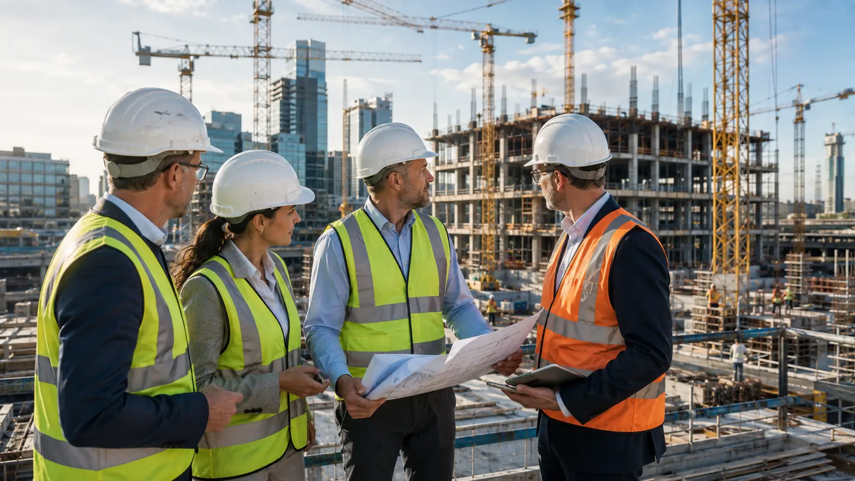 Construction professionals reviewing a major development project on site