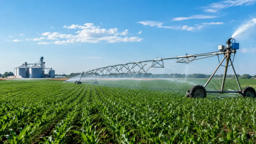 Irrigation system operating across farmland