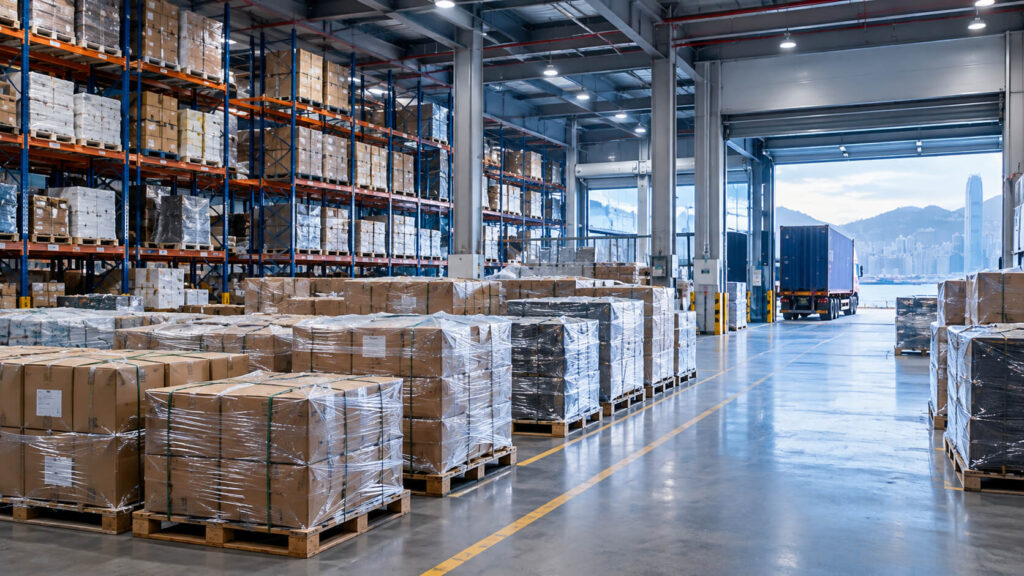 Finished export goods stored in a Hong Kong warehouse before overseas delivery
