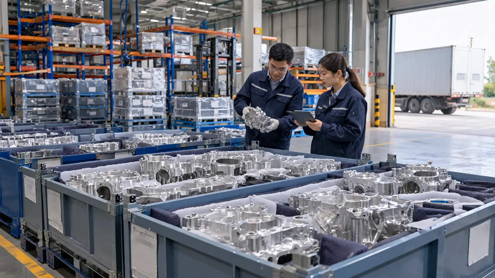 Finished automotive components packed for delivery from a Korean factory warehouse.