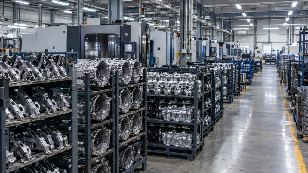 Automotive components stored beside production machinery in a Korean factory.