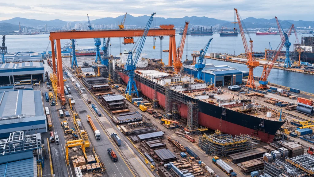 Large shipbuilding project surrounded by materials, equipment and logistics infrastructure.