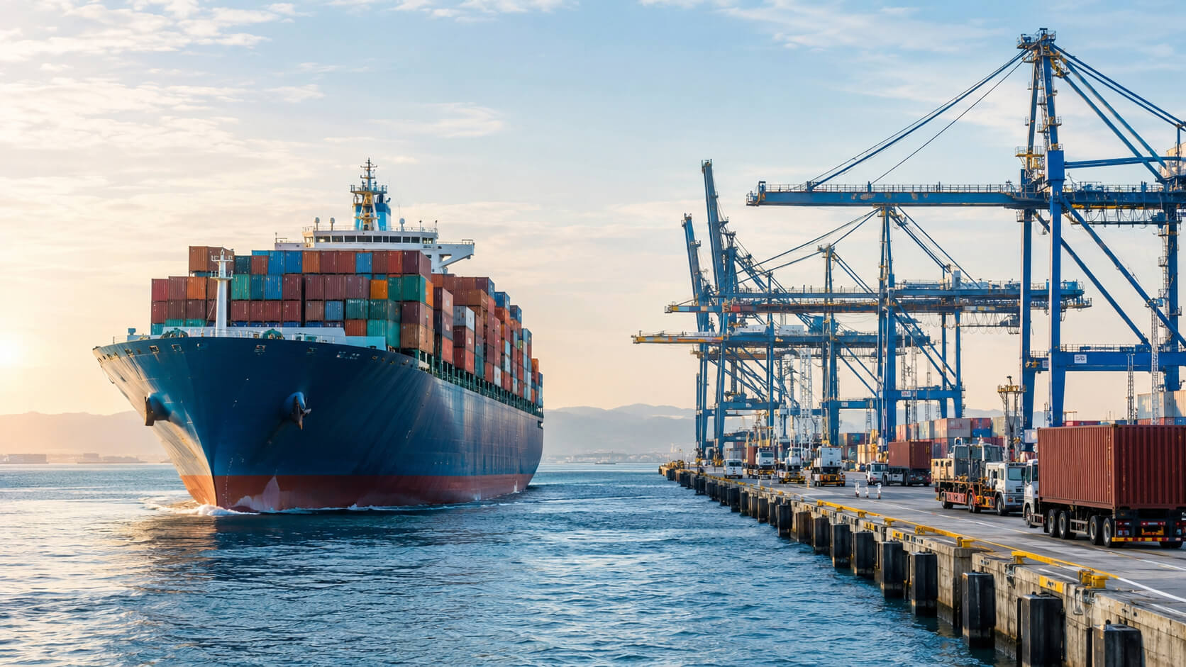 Large container ship operating at a international port