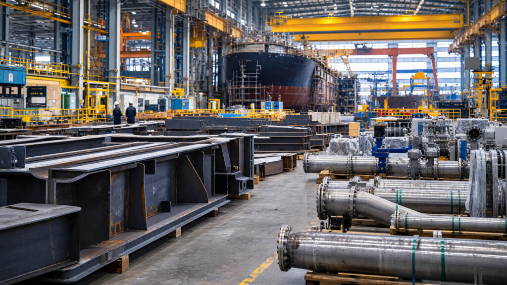 Marine materials and equipment prepared for shipbuilding production.