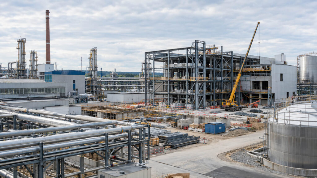 Erweiterung einer Industrieanlage mit Stahlkonstruktionen und Kran