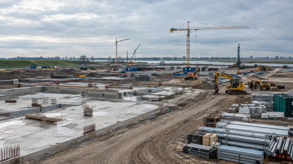 Infrastructuurproject met bouwmateriaal en machines klaar voor start