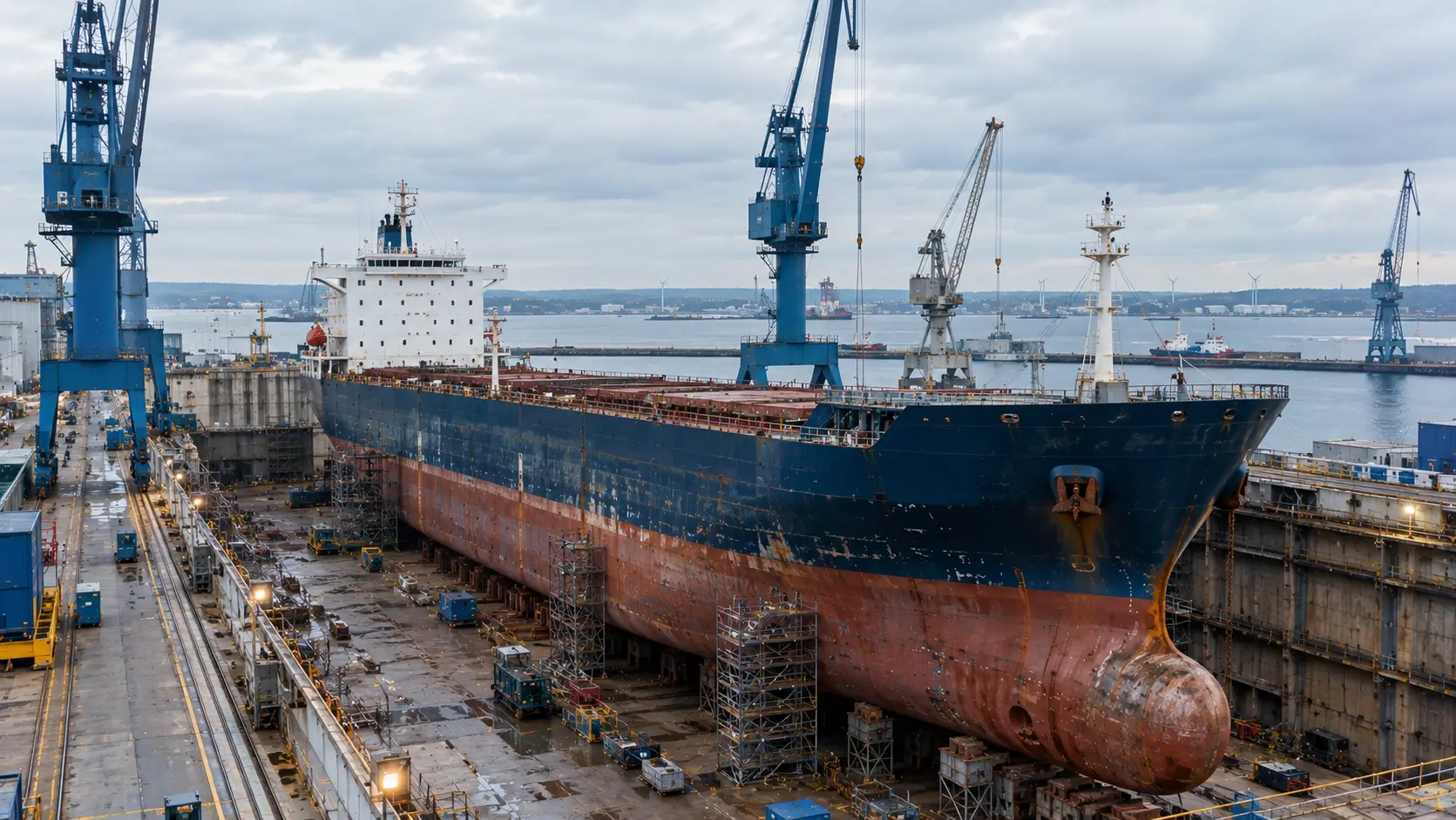 Commercial cargo vessel undergoing maintenance in a European shipyard