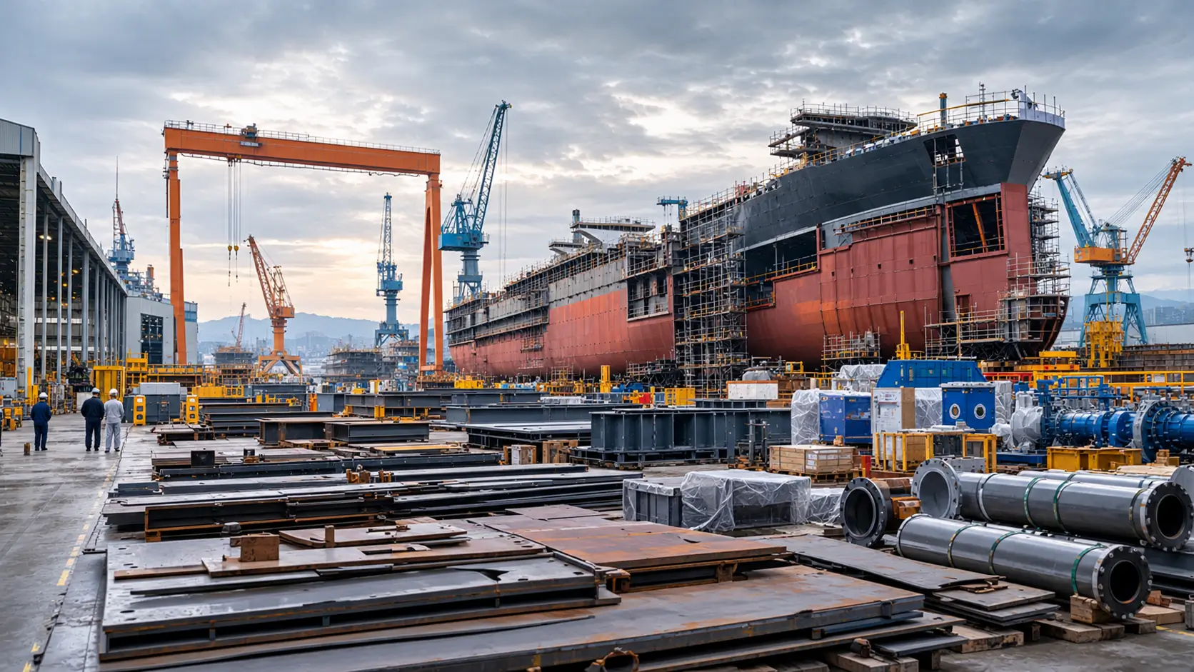 Commercial vessel under construction with materials and equipment at a shipyard.