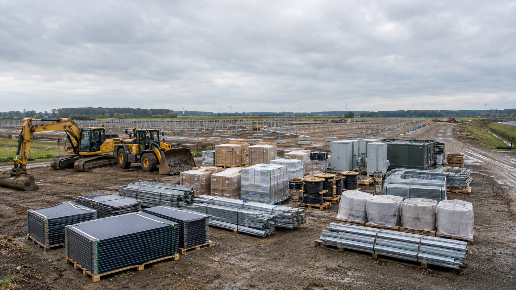 Bouwmaterieel en materialen wachten op mobilisatie voor een energieproject.