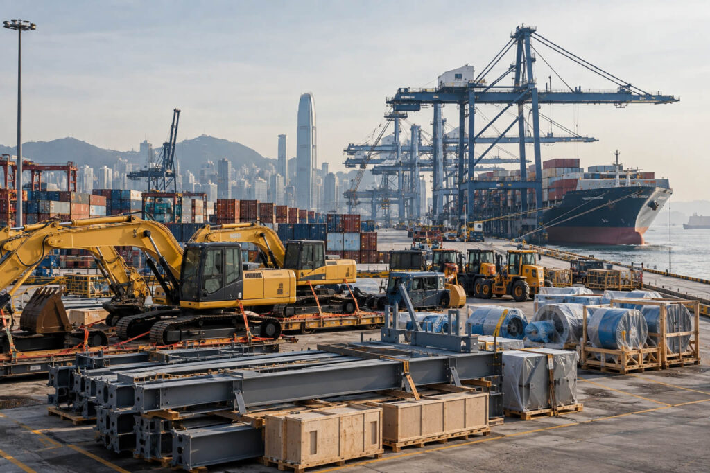 Construction equipment and cargo prepared for an overseas project