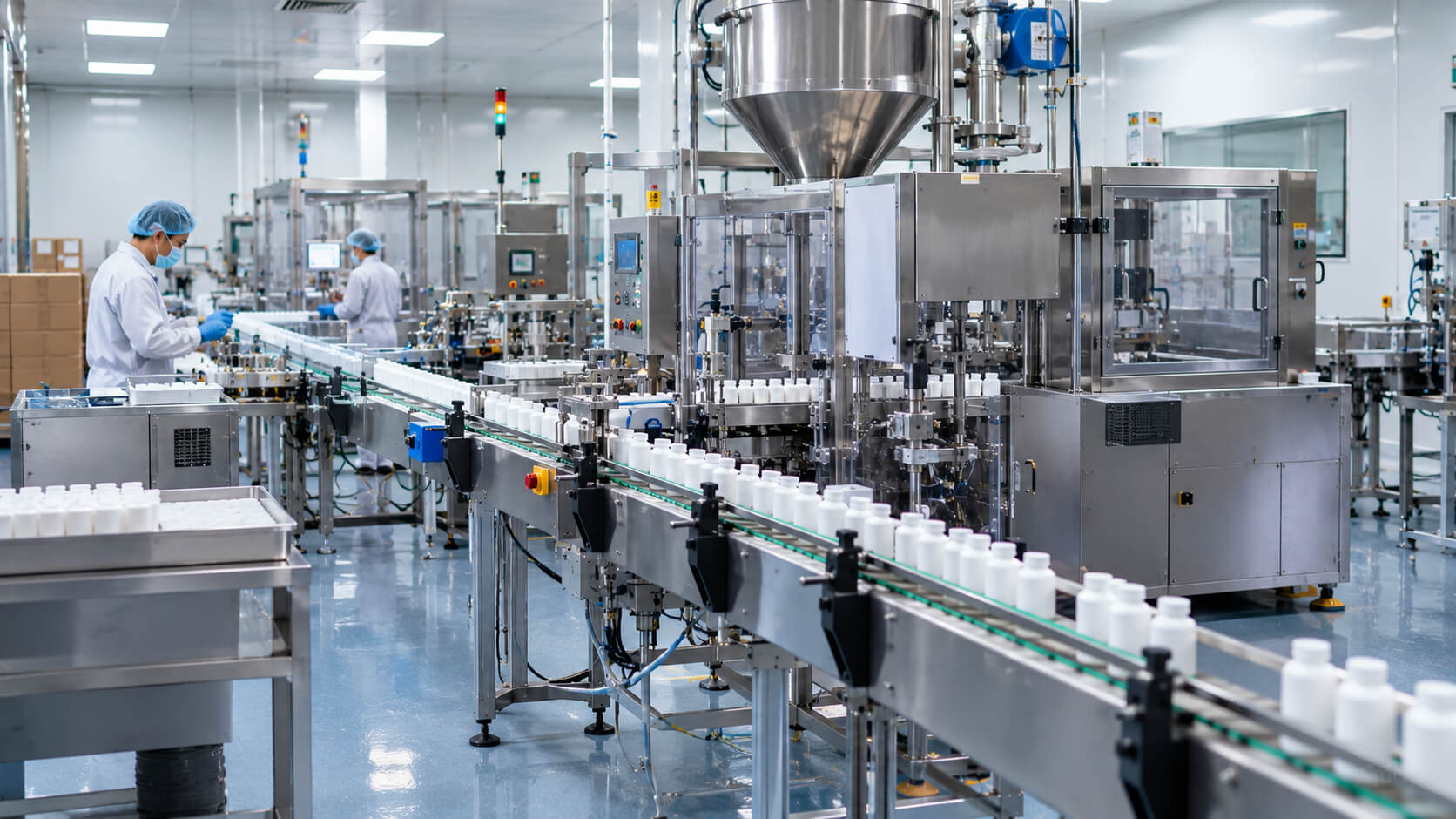 医药出口订单已落实,但生产和物流需要提前投入资金 1 Pharmaceutical production and packaging equipment inside a manufacturing facility.