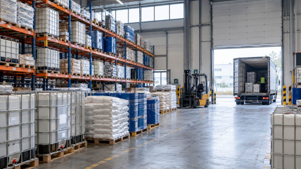 Palettierte Rohstoffe und Chemikalienbehälter in einem Industrielager